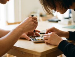 Gemeinsames Reparieren eines Kleingeräts am Tisch