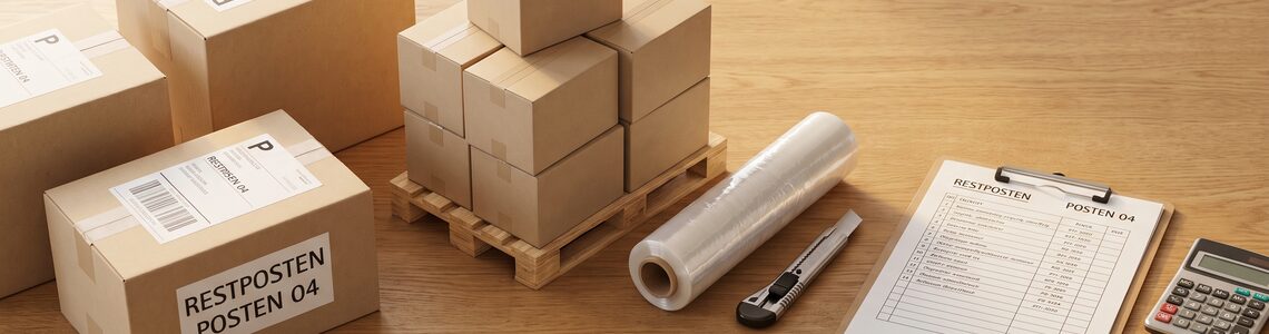 Restposten kaufen — Kartons und Palette mit Warenliste auf einem Schreibtisch