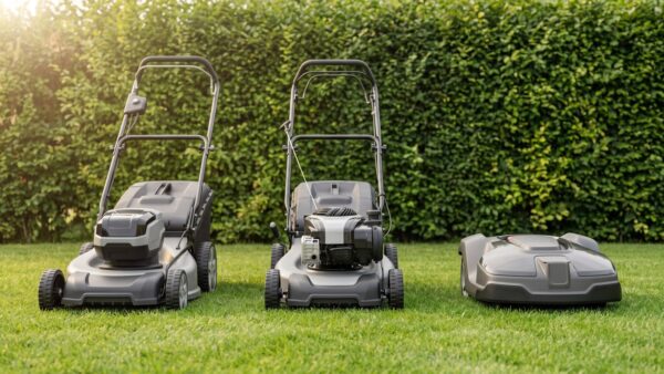 rm 1 typen Verschiedene RasenmÀher-Typen mit Akku Benzin und Kabel im Garten