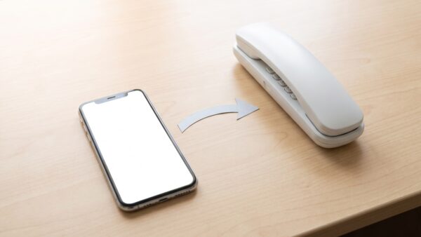 rufumleitung arten 1600 Smartphone mit aktivierter Rufumleitung neben Festnetztelefon auf Schreibtisch