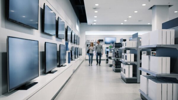 Elektronikmarkt-Gang mit Fernsehern als Symbolbild für Saturn Gutschein Aktionen