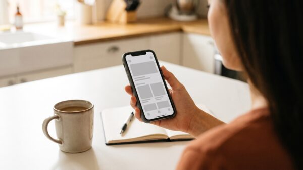 Person prüft Saturn Gutschein Aktion in der App am Küchentisch