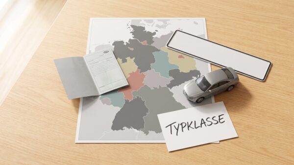 schadenfreiheitsklasse typklasse regionalklasse Typklasse und Regionalklasse: Deutschlandkarte mit Zulassungsbezirken, Fahrzeugschein und Kfz-Kennzeichen auf dem Tisch