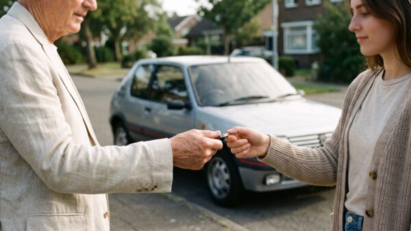 schadenfreiheitsklasse uebertragen Schadenfreiheitsklasse ĂĽbertragen: Elternteil ĂĽbergibt AutoschlĂĽssel an erwachsenes Kind vor dem Gebrauchtwagen