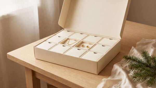 Geöffneter Schmuck-Adventskalender mit Goldkette und Ohrsteckern auf einem Holztisch