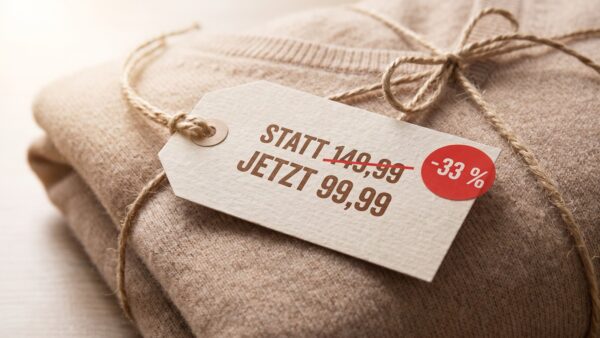 Preisschild mit Streichpreis und Rabattaufkleber als Symbol für den Unterschied zwischen Rabatt und echtem Schnäppchen
