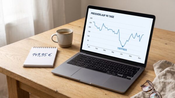 Preisverlauf-Kurve eines Produkts auf einem Laptop als Grundlage für die Schnäppchenjagd