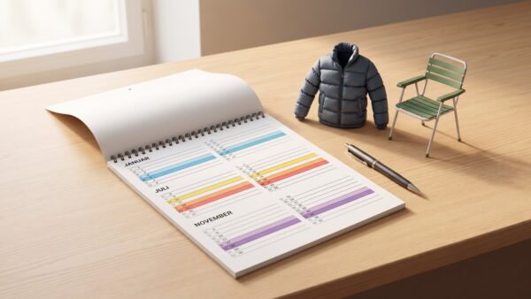 Kalender mit markierten Rabattzeiträumen und Saisonzyklen für die Schnäppchenjagd im Jahresverlauf