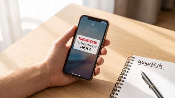 Smartphone mit Deal-Benachrichtigung neben Notizblock als Symbol für die Kanäle der Schnäppchenjagd