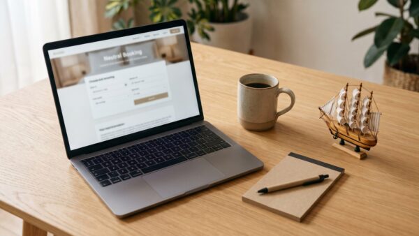 seekrankheit buchung Kreuzfahrt günstig buchen: Reiseplanung mit Laptop und Deckplan