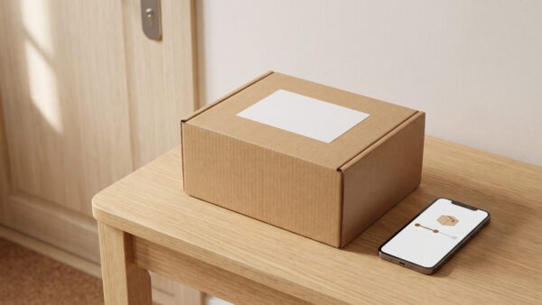 Sendungsverfolgung: Paket mit leerem Versandaufkleber neben Smartphone mit Trackingverlauf