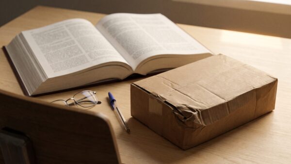 Fristen und Ansprueche bei Paketverlust: Gesetzbuch neben beschaedigtem Versandkarton