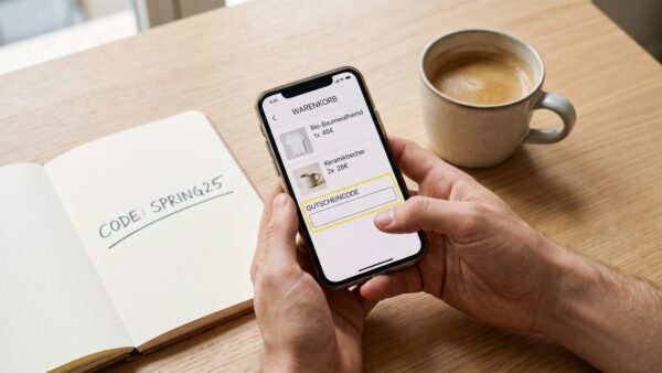 Smartphone mit Warenkorb und Eingabefeld für einen SHEIN Code