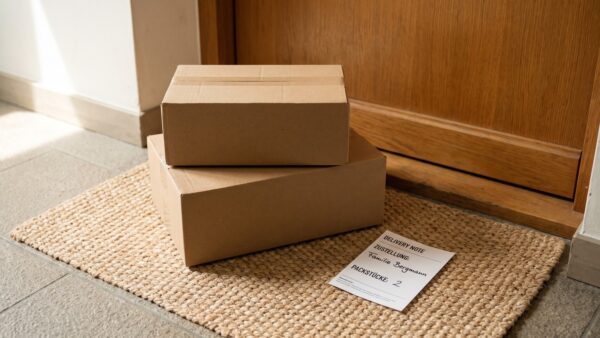 shop serie paket Zusammengerollter Teppich neben einem Versandpaket im Flur