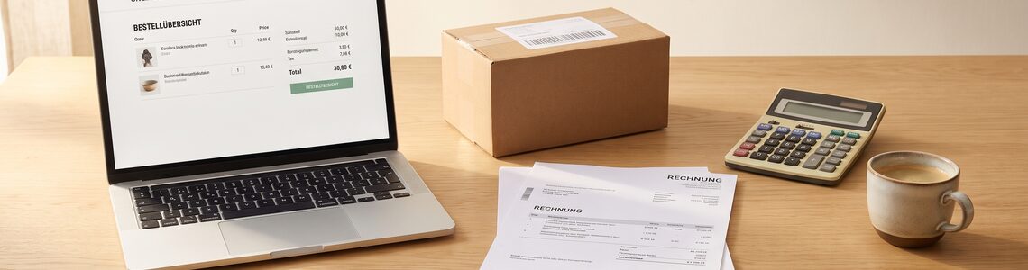 Shopify Buchhaltung automatisieren - Schreibtisch mit Laptop, Versandkarton und Rechnungen