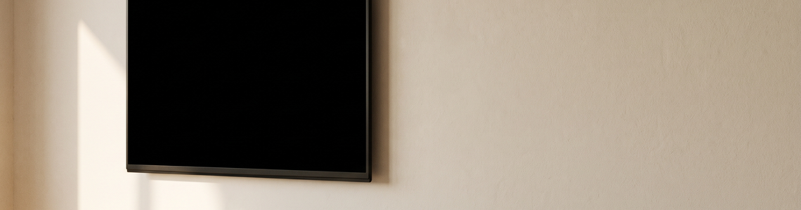 Flacher Fernseher mit schwarzem Bildschirm über einem hellen Sideboard