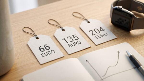 smartwatch kaufberatung preis Preisschilder mit 66, 135 und 204 Euro neben einer Smartwatch