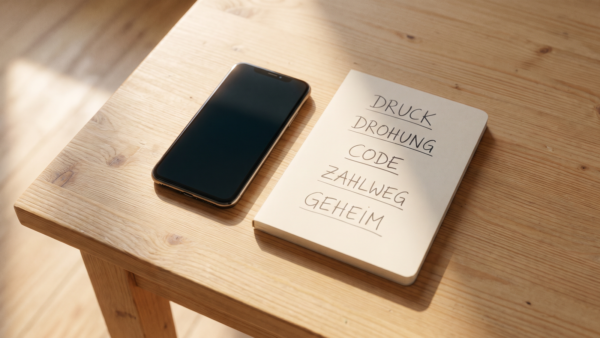 smishing vishing bild 2 Notizblock mit den fĂŒnf Warnsignalen neben dem Smartphone