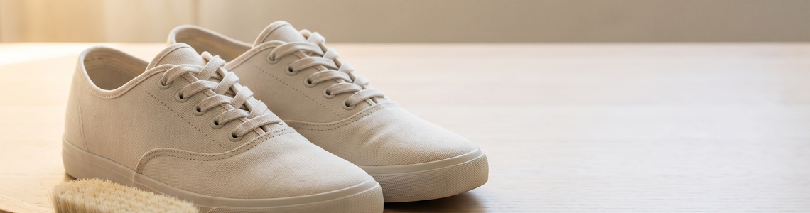Helle Textil-Sneaker neben einer weichen Bürste auf Holz