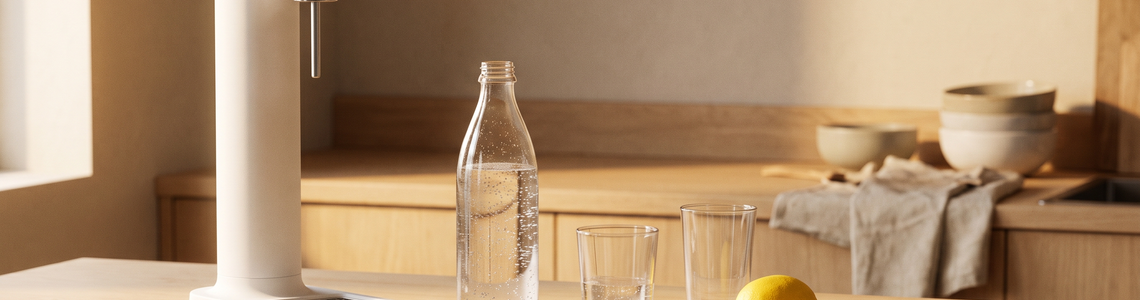 Wassersprudler mit Glasflasche und Gläsern auf der Küchenarbeitsplatte