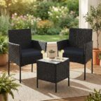 SONGMICS Balkonmöbel-Set aus PE-Polyrattan mit Tisch und 2 Stühlen in Schwarz-Grau