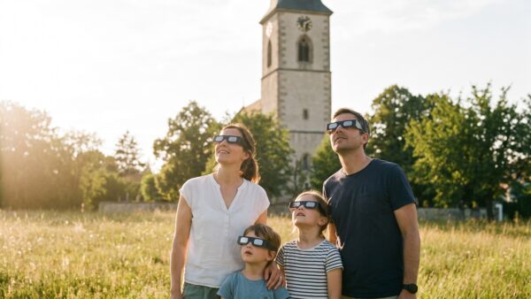 sonnenfinsternis 2027 deutschland partiell Familie beobachtet die partielle Sonnenfinsternis 2027 in Deutschland mit Schutzbrillen