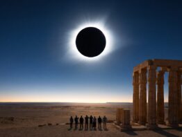 Totale Sonnenfinsternis 2027 über einer Wüstenlandschaft mit antiken Säulen