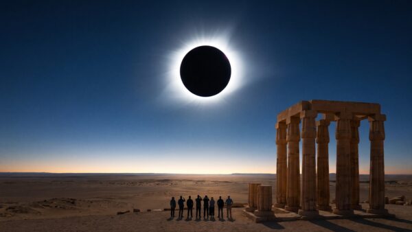 sonnenfinsternis 2027 totalitaet wueste Totale Sonnenfinsternis 2027 ĂŒber einer WĂŒstenlandschaft mit antiken SĂ€ulen