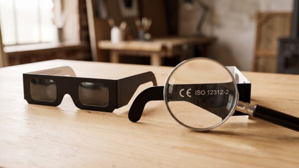 sonnenfinsternis brille erkennen Sonnenfinsternisbrille mit CE-Zeichen und ISO 12312-2 Aufdruck auf dem PapierbĂŒgel
