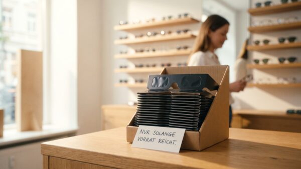 sonnenfinsternis brille kaufen Display mit Sonnenfinsternisbrillen auf der Theke eines Optikers, Hinweis solange Vorrat reicht