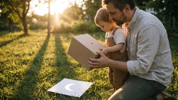 sonnenfinsternis lochkamera Familie beobachtet die Sonnenfinsternis sicher ĂŒber eine Lochkamera-Projektion auf weiĂem Papier