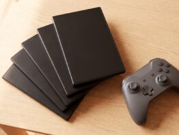 Unbedruckte Spielhüllen und ein Controller auf dem Tisch