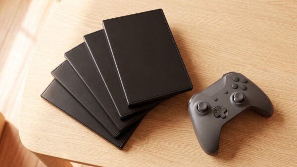 Unbedruckte Spielhüllen und ein Controller auf dem Tisch
