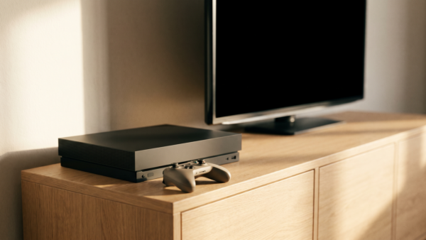 Schlichte Spielkonsole mit Controller vor einem dunklen Fernseher
