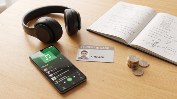 spotify kosten inline3 1600x900 1 Spotify Premium günstiger bekommen — Kopfhörer, Studienausweis und Smartphone auf Holztisch