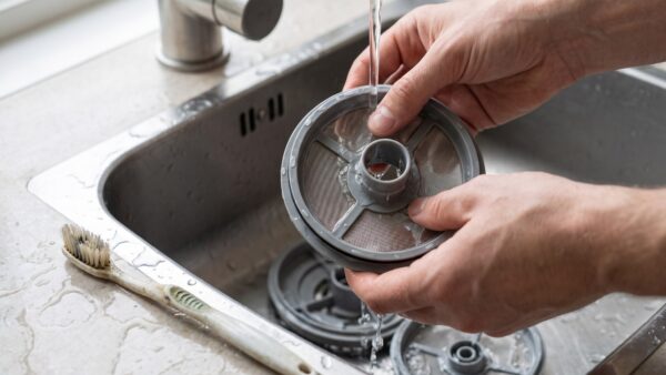 Sieb der Spülmaschine wird herausgenommen und unter Wasser ausgespült