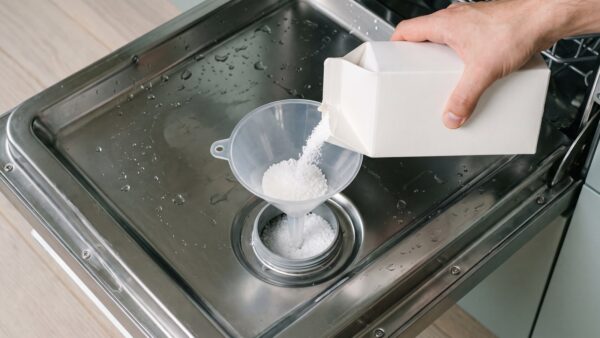 Regeneriersalz wird in den Vorratsbehälter der Spülmaschine gefüllt