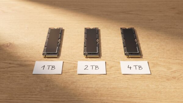 ssd preise kapazitaeten vergleich Drei M.2-NVMe-SSDs mit 1 TB, 2 TB und 4 TB nebeneinander auf einem Holztisch