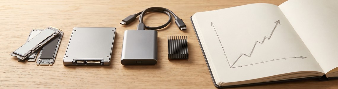 SSD-Preise 2026 - M.2-NVMe-SSDs, SATA-SSD und externe SSD auf einem Schreibtisch