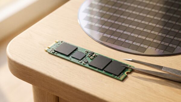 ssd preise nand flash knappheit Geöffnete M.2-NVMe-SSD mit sichtbaren NAND-Flash-Chips vor einem Silizium-Wafer