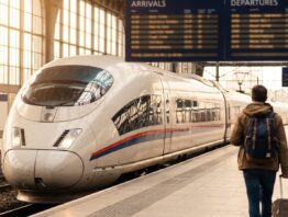 Reisende mit Rollkoffer am Bahnsteig vor einem einfahrenden Fernzug