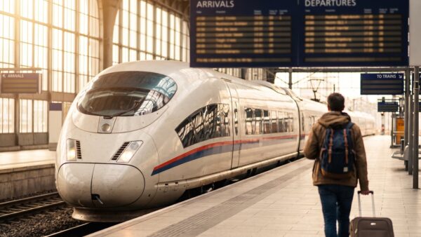 staedtereise guenstig bild 1 Reisende mit Rollkoffer am Bahnsteig vor einem einfahrenden Fernzug
