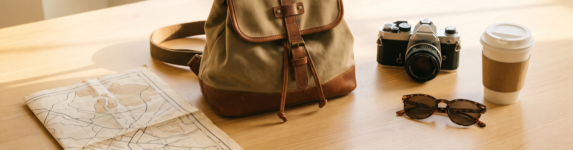 Städtereise-Ausrüstung mit Stadtplan, Rucksack, Kamera und Kaffeebecher auf dem Tisch