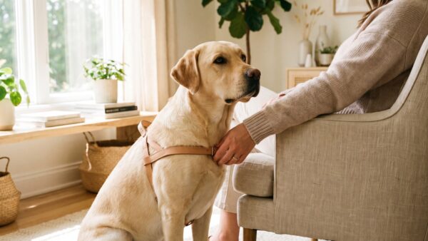 Labrador mit Fuehrgeschirr sitzt neben einer Person - Assistenzhund als aussergewoehnliche Belastung