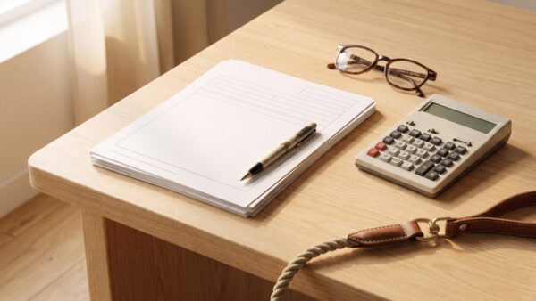 Formulare, Taschenrechner und Brille auf dem Schreibtisch - Tierarztkosten von der Steuer absetzen