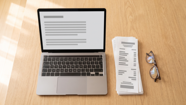 steuersoftware vergleich bild 1 Laptop mit neutraler Eingabemaske neben sortierten Belegen