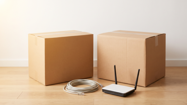 stoerung melden anbieter bild 3 Umzugskartons mit Router und Netzwerkkabel vor weiĂźer Wand