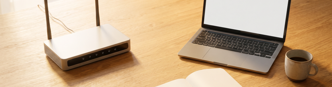 Störung melden: Router mit dunklen Leuchten neben Laptop und Notizblock