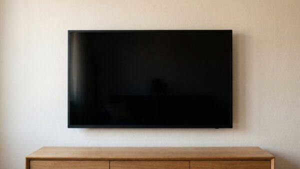 Ausgeschalteter Fernseher mit spiegelndem schwarzem Bildschirm