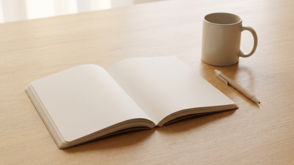 Leerer aufgeschlagener Notizblock mit Stift und Tasse